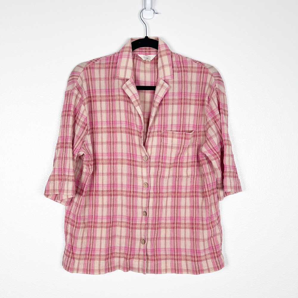 Faherty Women's Organic Cotton 3/4 Sleeve Plaid Button Up Shirt Sz S